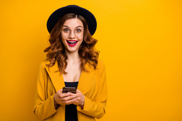 Close up photo beautiful she her lady open mouth arms hands telephone reader cool news check...