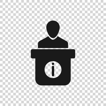 Grey Information Desk Icon Isolated On Transparent Background. Man Silhouette Standing At Information Desk. Help Person Symbol. Information Counter Icon. Vector Illustration