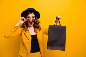 Close up photo beautiful she her lady black friday hold carry packs perfect look buy buyer present...