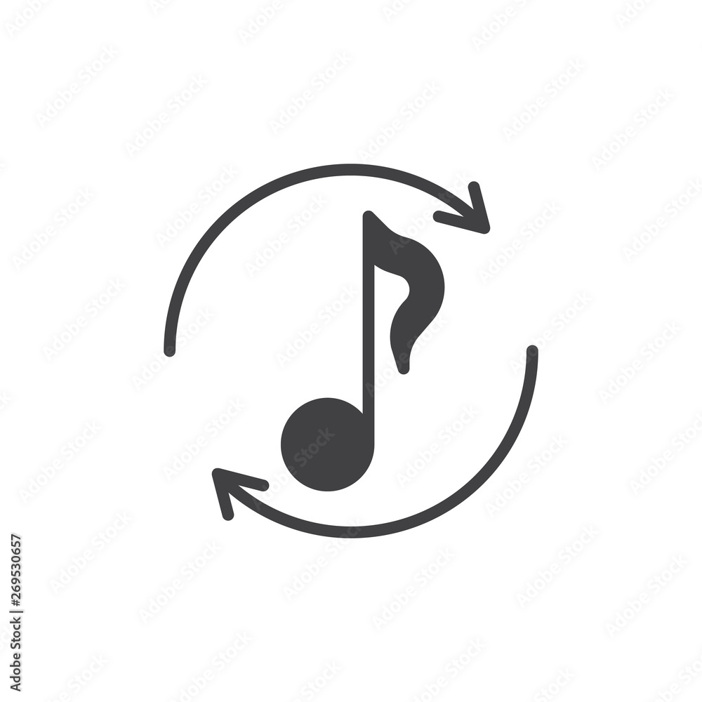Poster music synchronize vector icon. musical note and arrows filled flat sign for mobile concept and web d