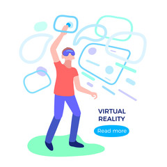 Virtual reality. Man with glass, headset. Network digital technology.