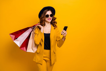 Close up photo beautiful she her lady hands arms telephone many packs buyer vacation traveler sale...