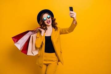 Close up photo beautiful she her model lady hands arms telephone many packs buyer vacation traveler...