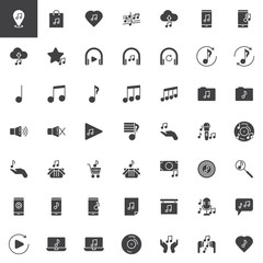 Music and sound vector icons set, modern solid symbol collection, filled style pictogram pack. Signs, logo illustration. Set includes icons as musical note, favorite store, upload and download cloud