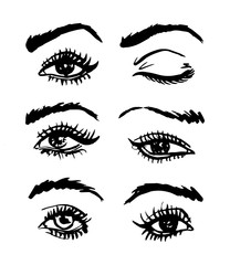 Fototapeta premium Handdrawn sketchy vector eyes and brows set black and white