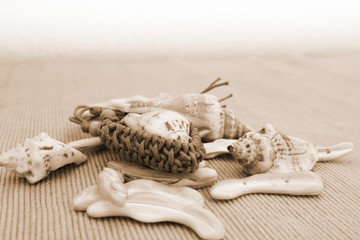 Composizione marina con delle conchiglie e lo sfondo a righe, effetto seppia