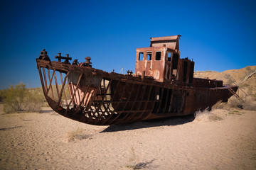 Panorama of ship cemetery near Moynaq at sunrise, Karakalpakstan, Uzbekistan
