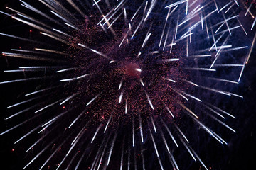 Fireworks against the dark sky. Bright salute in the black sky,