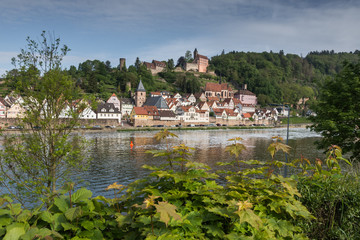 Fototapeta na wymiar Hirschhorn im Neckartal: Altstadt mit Burg und Neckar, Naturpark Odenwald, Hessen