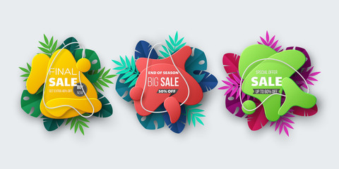 Summer sale banner with tropical palm leaves. Liquid abstract shapes in 3d paper cut style. Exotic floral vector design.