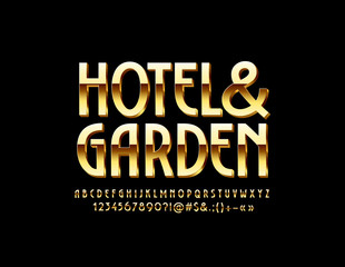 Vector chic Sign Hotel&Garden. Golden 3D Font. Luxury Alphabet Letters, Numbers and Symbols