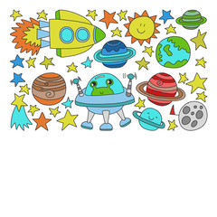 Vector set of space elements icons in doodle style. Painted, colorful, pictures on a piece of paper on white background.
