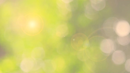 Nature yellow bokeh sun light flare and blur leaf abstract texture background, blurred natural green leaves yellow background. Stock image of bokeh light from the sun through the leaves with copyspace