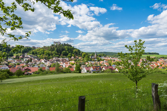 Blick auf Schloss Lichtenberg im malerischen Fischbachtal im Odenwald, Hessen, Deutschland