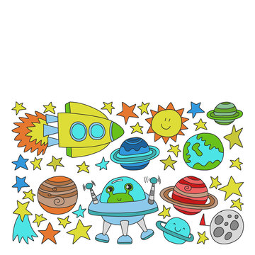 Vector set of space elements icons in doodle style. Painted, colorful, pictures on a piece of paper on white background.