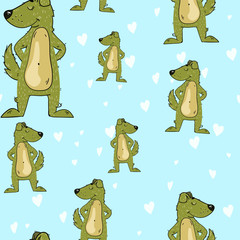 Seamless vector pattern with dogs and hearts on blue background. Good for printing. Wallpaper and textile design. Wrapping paper idea.