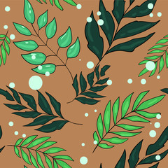 Vector colorful seamless pattern with leaf and leaves. Leaf and flower on brown cute background. Wallpaper and textile idea. Wrapping paper design. Good for printing.