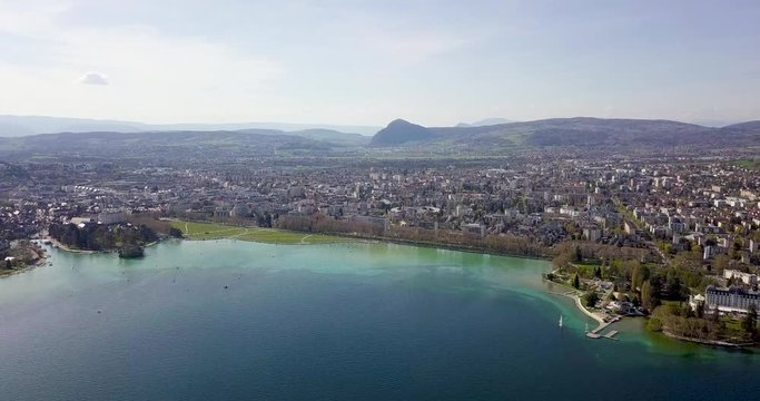 Panoramic drone video of Annecy city with its casino in the middle