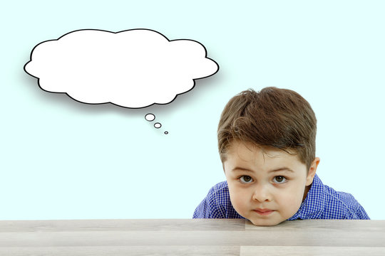 little boy and his cloud of thoughts on isolated background