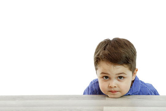 little cute boy with different emotions on face on isolated background