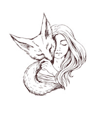 Fox girl ink illustration print design