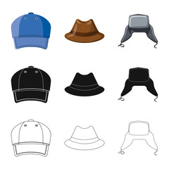 Vector design of headgear and cap symbol. Set of headgear and accessory stock vector illustration.