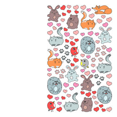 Obraz premium Vector set of beautiful round icons in the form of wild animals for children and design, print, cat ,bear, fox, bird ,hare or rabbit. Round animals with caption on white background.