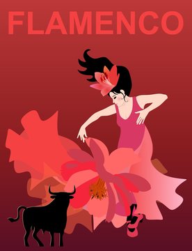Dark-haired Spanish woman dressed in a red dress dancing flamenco on a red background. Black bull as unofficial symbol of Spain. Beautiful card, poster.