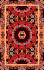 Kilim. Beautiful carpet in ethnic style with mandala - star and ornamental frame.