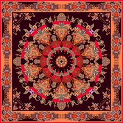 Square carpet with beautiful mandala flower and ornamental frame. Fashionable silk scarf.