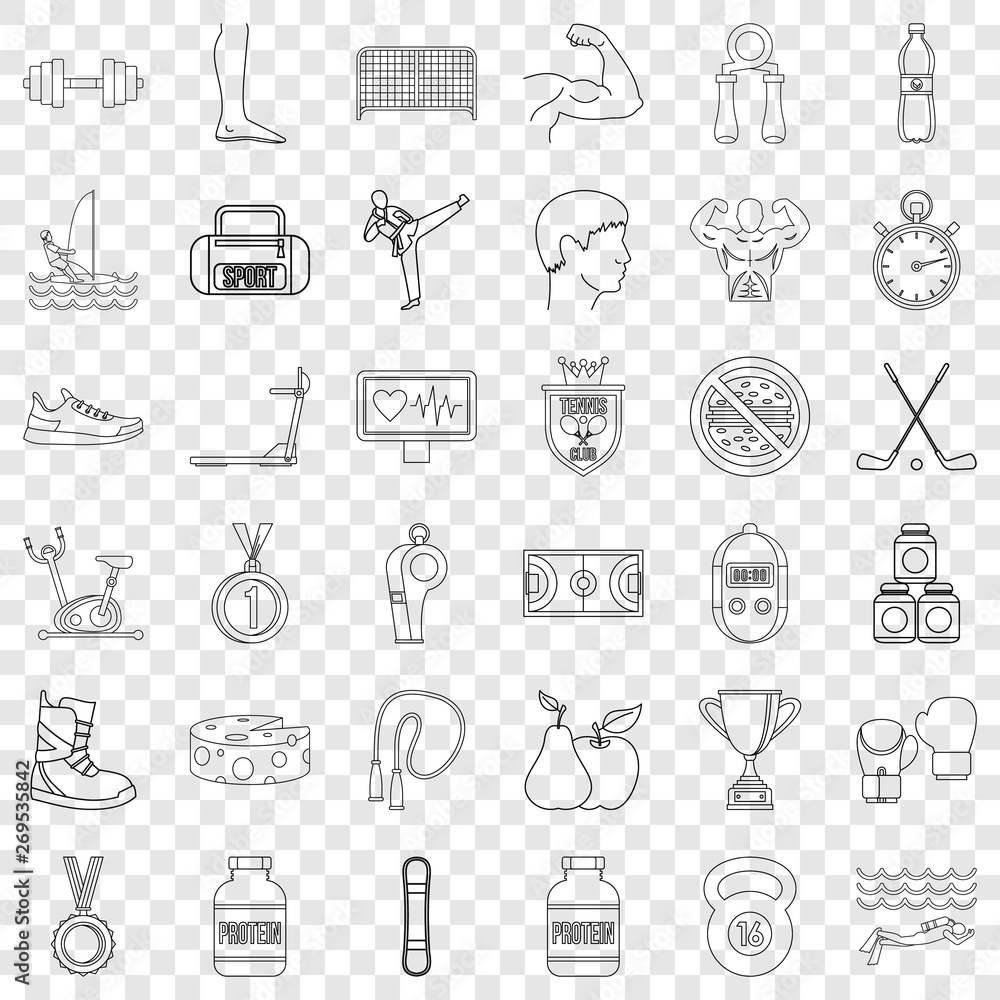 Poster different sport icons set. outline style of 36 different sport vector icons for web for any design
