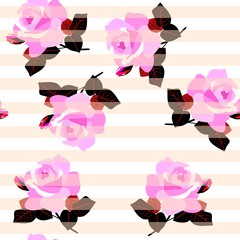 Seamless striped pattern with soft rose flowers. Fashionable print for fabric.
