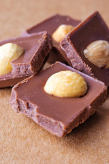 Slices of milk chocolate with hazelnuts close-up. Photo in warm colors. Sweetness. World chocolate day