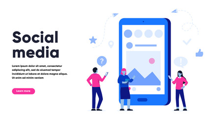 Young men and women are standing near big smartphone with app on screen and using smart phones, news and texting message to friends. Flat vector concept illustration, landing page and banner template