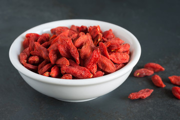 Dried Goji or wolf berries a red fruit native to China and used in alternative medicine