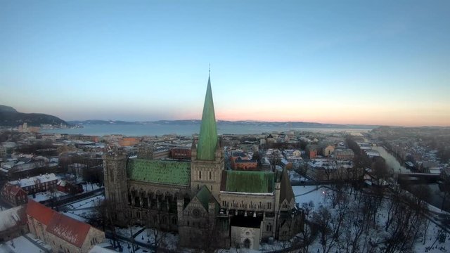 4k Drone footage of Trondheim Cathedral Church, Norway