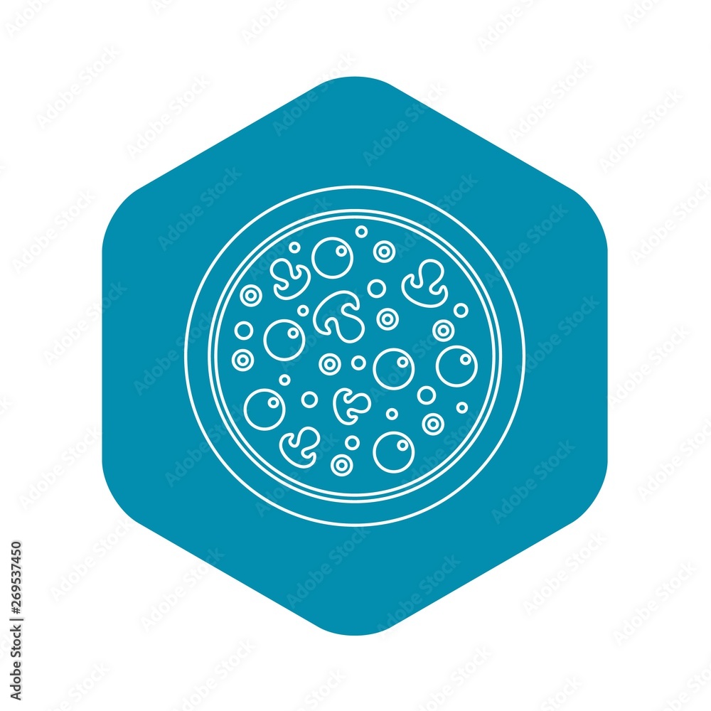 Poster pizza with olives and mushrooms and egg yolks icon. outline illustration of pizza with olives and mu