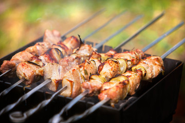 delicious meat barbecue grill outdoors on a blurred background of nature