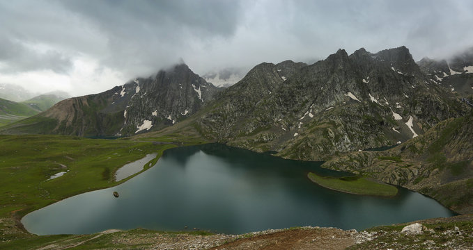 Panoramic view of Vishan Sar Lake From Nichnai pass.