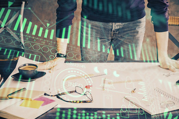 Close up of human hands and abstract innovative technologies for industries. Double exposure.