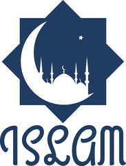 Night landscape with silhouette of a mosque, moon and star on a sky background with lettering Ramadan Kareem. Template banner of the Muslim holiday Eid al-Fitr, Eid al-Adha.