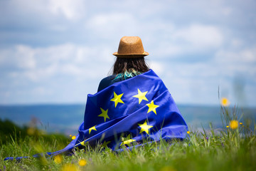 Woman with EU flag. - obrazy, fototapety, plakaty