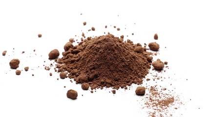 Cocoa powder pile isolated on white background