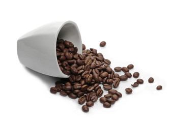 Coffee beans with white mug isolated on white background