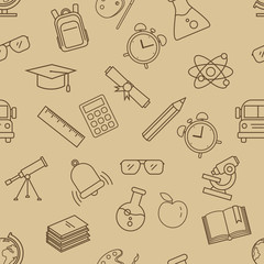 Obraz premium Vector Seamless Pattern with Outline School Icons on Brown Background