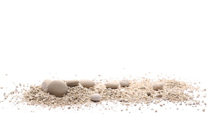 Pebbles with rocks isolated on white background and texture