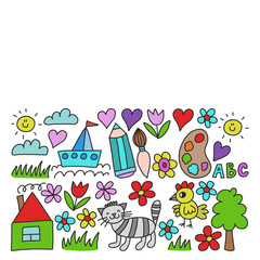 Kindergarten pattern, drawn kids garden elements pattern, doodle drawing, vector illustration, colorful.
