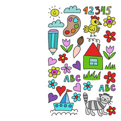 Fototapeta premium Kindergarten pattern, drawn kids garden elements pattern, doodle drawing, vector illustration, colorful.
