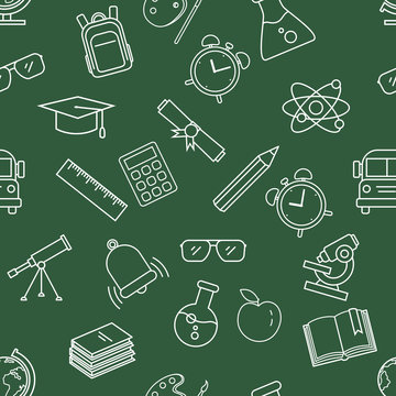 Vector Seamless Pattern with White Outline School Icons on Dark Green Background