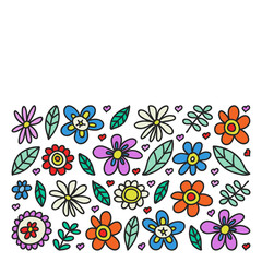 Vector set of child drawing flowers icons in doodle style. Painted, colorful, pictures on a piece of paper on white background.